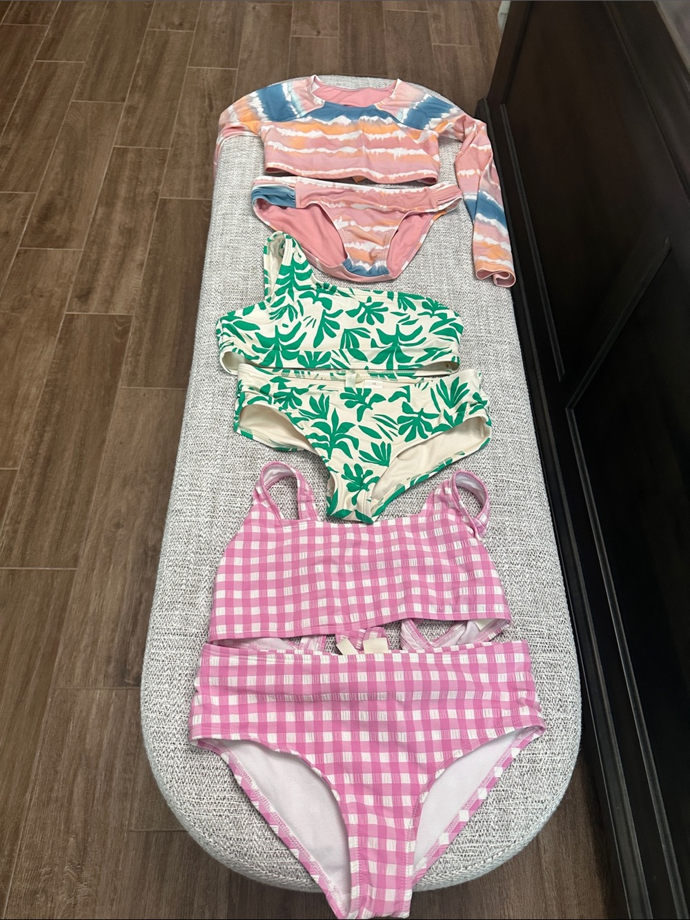 GB girls Pink Gingham, Green Leaf, and Multicolor Stripe Kids Swim Bikini Sets